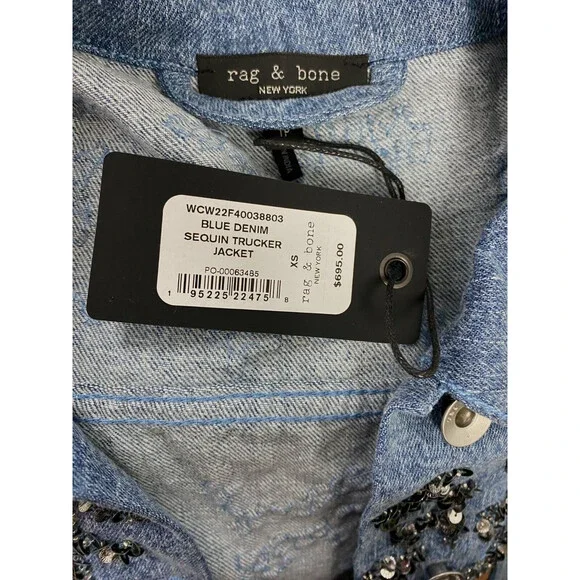 $695 Rag & Bone Womens Blue Sequin Classic Denim Trucker Jacket Size XS